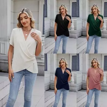 Весна и лето новый модный женский пуловер с V-образным вырезом повседневная однотонная футболка для женщин L розовый