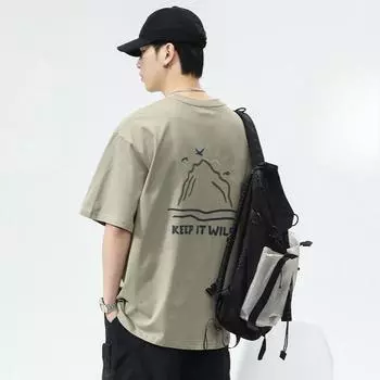 Весна и лето, новый мужской уличный тренд, креативная принтованная футболка с круглым вырезом и коротким рукавом M хаки
