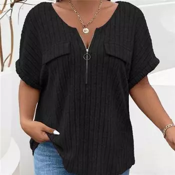 Весна и лето новый однотонный большой женский топ на молнии с коротким рукавом и ложным карманом пуловер футболка свободная 2XL бежевый