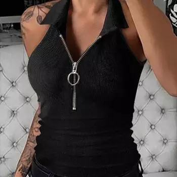Весна и лето новый однотонный жилет с лацканами на молнии женская модная повседневная футболка женская одежда S чёрный