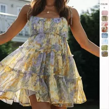 Весна и лето Новый праздничный стиль сексуальное принтованное европейское и американское платье на бретельках женское платье S