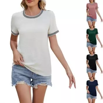 Весна и лето новый пуловер круглый вырез короткий рукав однотонный цвет женская одежда L чёрный