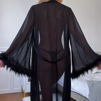 Весна и лето новый шифон однотонный перспективный соблазн пух длинные пижамы женская одежда S чёрный