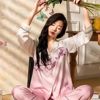 Весна и лето Новый стиль атласный тонкий ледяной шелк пижама для женщин свободный однотонный пижамный комплект пижамы M розовый