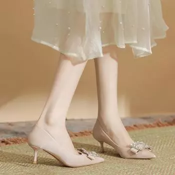 Весна и лето Новый стиль шпильки на высоком каблуке женские остроконечные стразы квадратная пряжка модные одинарные туфли 34 розовый