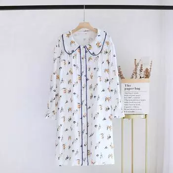 Весна и лето Новый стиль женская ночная рубашка японская милая маленькая цветочная юбка с длинным рукавом детское домашнее платье ночная рубашка M белый