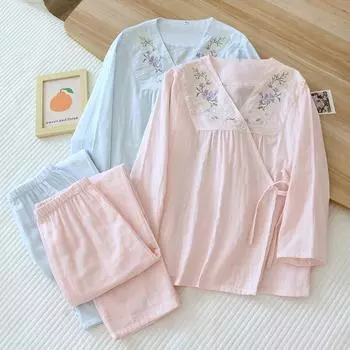 Весна и лето Новый женский пижамный костюм 1100% хлопок Милая домашняя одежда с длинными рукавами брюки комплект из двух предметов M