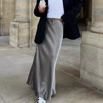 Весна и лето однотонная атласная длинная юбка с высокой талией кружевная однотонная юбка женская одежда S серый