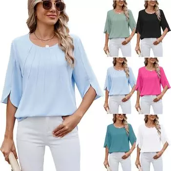Весна и лето Однотонная шифоновая рубашка с круглым вырезом и рукавом пять минут, свободная футболка S белый