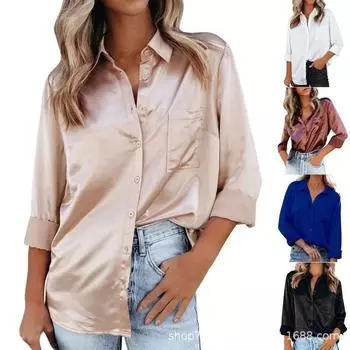 Весна и лето однотонная свободная повседневная блузка с длинным рукавом для женщин, темпераментная офисная женская рубашка на пуговицах, элегантные топы, простые модные женские блузки 26394 S