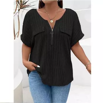 Весна и лето однотонный женский топ больших размеров на молнии с короткими рукавами и ложными карманами, свободный крой XXXXXL чёрный