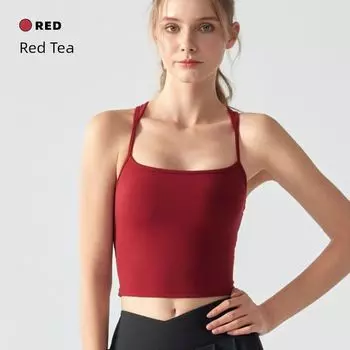Весна и Лето Ощущение Обнаженности Красивая Спина Йога Фиксированная Чашка Жилет Быстросохнущий Фитнес Топ Верхняя Одежда Квадратный Вырез Беговой Жилет для Упражнений Женский Red Tea S