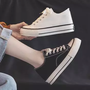 Весна и лето Платформа Стелька, увеличивающая рост Парусиновые Туфли Туфли на платформе Студенческая повседневная обувь Туфли-лодочки Туфли на плоской подошве 35 белый