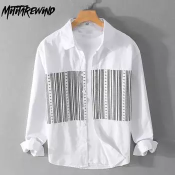 Весна и лето повседневные белые рубашки для мужчин повседневные рубашки с длинным рукавом из чистого хлопка полосатые рубашки с вышивкой молодежные модные мужские топы M белый