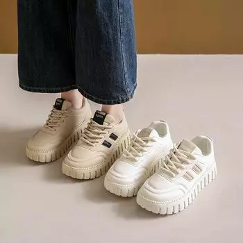 Весна и лето Повседневные туфли с высокой подошвой и завышенной талией Кожаная круглая обувь для студентов Тренд уличной стрельбы 35 бежевый