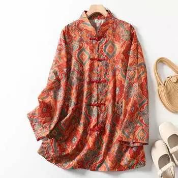 Весна и лето принтованный китайский стиль свободная солнцезащитная одежда этнический стиль рубашка куртка XL