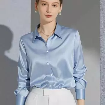 Весна и лето Простой темперамент свободные офисные рубашки для женщин мода длинный рукав плюс размер повседневные блузки женские однотонные облегающие женские топы 26193 S небесно-голубой