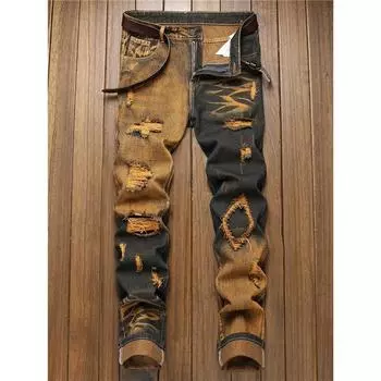 Весна и лето Простые свободные дырки Модные удобные джинсовые мужские брюки 28 синий