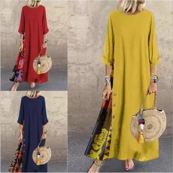 Весна и лето ретро-цветок круглый вырез горловины контрастные цветные пуговицы сшивание рукав семь четвертей M красный