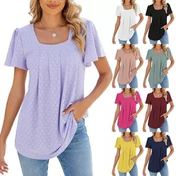 Весна и лето с квадратным вырезом, расклешенными рукавами, плиссированные, с короткими рукавами, свободная футболка, женские базовые блузки для женщин L чёрный