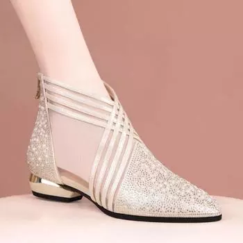 Весна и лето толстый каблук сумка голова сетчатые сапоги средний каблук полые сетчатые стразы жемчуг модные босоножки женские босоножки 34 золотой