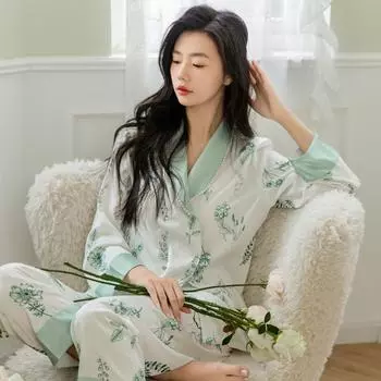 Весна и лето Тонкая Пижама с принтом Длинные рукава Кардиган Брюки Домашняя одежда Свободная Пижама с лацканами Сексуальная Повседневная Пижама M зелёный