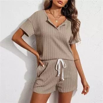 Весна и лето в Европе и США Женская домашняя одежда Пижамный костюм Трикотажная жаккардовая ткань Шорты с короткими рукавами Комплект из 2 предметов L чёрный