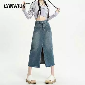 Весна и лето, винтажная джинсовая юбка, полуюбка, женская юбка трапециевидной формы со свободными карманами и высокой талией, юбка средней длины S синий
