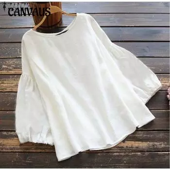 Весна и лето Женская рубашка больших размеров с рукавами-фонариками, свободная повседневная рубашка с круглым вырезом M тёмно-синий