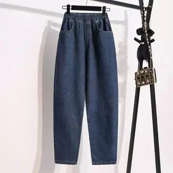 Весна и лето женские джинсы больших размеров шаровары прямые брюки L синий