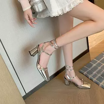 Весна и лето женские сексуальные туфли на высоком каблуке мода Острый носок квадратный каблук сандалии с пряжкой One-word ремешок на щиколотке 35