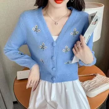 Весна и осень 2022, женский трикотаж с v-образным вырезом и цветочной вышивкой, длинными рукавами, французский маленький популярный короткий мягкий кардиган, свитер, топ One Size синий