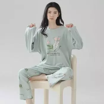 Весна и осень 2023 г. Женский хлопковый пижамный комплект - Простая домашняя одежда с длинным рукавом L (47.5-57.5 kg)