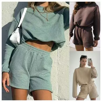 Весна и осень 2023, однотонный пуловер с круглым вырезом, свитер с длинными рукавами, женские модные повседневные шорты L абрикосовый
