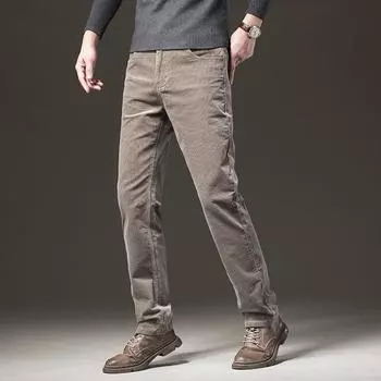 Весна и осень 2024 г. Мужские толстые вельветовые брюки с бархатом, прямые брюки в деловом стиле, повседневные брюки из бархата 33 чёрный