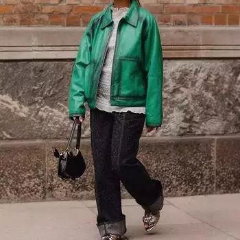 Весна и осень 2024 года. Индивидуальная зеленая куртка с отворотом и молнией. Уличный хипстер. S зелёный