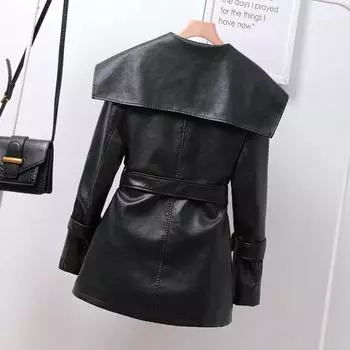 Весна и осень 2024 года, куртка из натуральной кожи с поясом большого размера, средней и длинной длины, с большими лацканами, облегающая кожаная куртка S чёрный