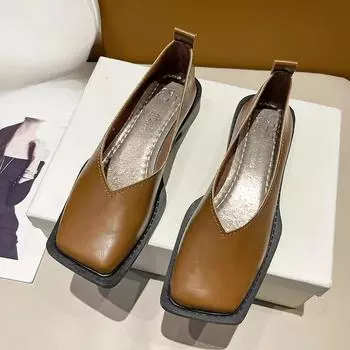 Весна и осень 2024 года. Модные удобные повседневные женские туфли на плоской подошве с квадратным носком и низким каблуком. 35 бежевый