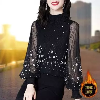 Весна и осень 2024 года, новая свободная рубашка с полыми гвоздями и футболкой в стиле вестерн, верхняя часть рубашки снизу L синий