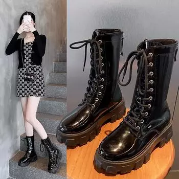 Весна и осень 2024 года. Новые модные короткие ботинки на шнуровке и толстой подошве. Модные ботинки. 35 чёрный