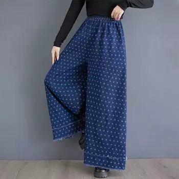 Весна и осень 2024 года, новые ретро-модные брюки с принтом в горошек, с высокой талией и тонкими повседневными широкими брюками из денима one size fits all чёрный