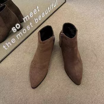 Весна и осень 2024 года, новые заостренные однотонные кожаные туфли с боковой молнией на высоком каблуке, женские короткие сапоги, женские сапоги без каблука 35 чёрный