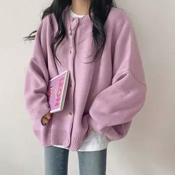 Весна и осень 2024 года, новый ретро-свитер с круглым вырезом, свободный женский универсальный длинный рукав, вязаный кардиган, верхняя куртка S