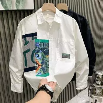 Весна и осень 2024 Мужские новые рубашки с принтом, мода, свободные, минималистичные, повседневные, с длинным рукавом, с квадратным воротником, на пуговицах, с накладным карманом L белый