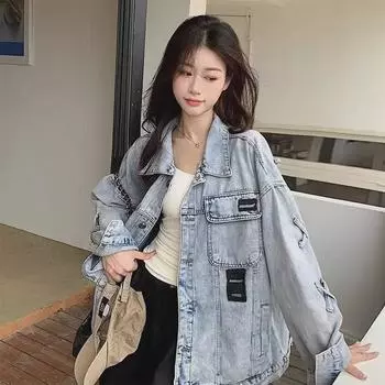 Весна и осень 2024 Ретро корейская свободная джинсовая куртка для женщин 3XL синий