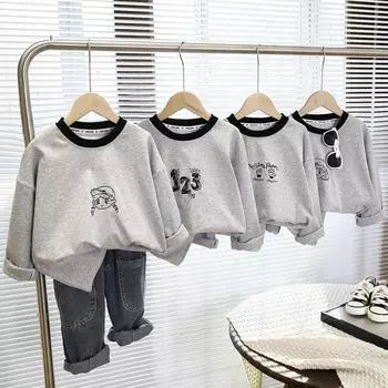 Весна и осень 2025 г. Хлопковые футболки с длинными рукавами для детей: Мультяшный дизайн, круглая горловина, унисекс для маленьких и средних детей 80 cm