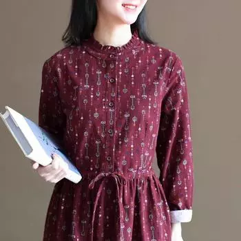 Весна и осень 2025 г. Новое женское платье из хлопка и льна Mori Printed с воротником-стойкой и свободным низом, длинными рукавами и средней и высокой талией M темно-синий