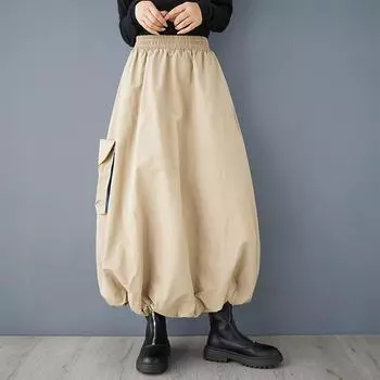 Весна и осень 2025 года, новая свободная повседневная джинсовая юбка средней и длинной длины с объемными складками и карманами one size fits all чёрный