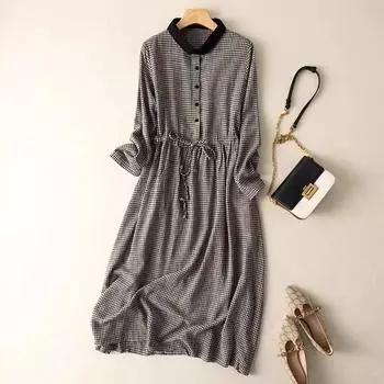 Весна и осень 2025 года новое клетчатое платье с лацканами, женская одежда с длинными рукавами, свободная и тонкая юбка с кулиской в литературном стиле M