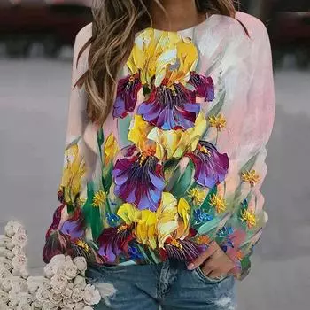 Весна и осень 3D масляные картины печать длинный рукав футболка женская цветочный графический пуловер Harajuku одежда красочные топы S